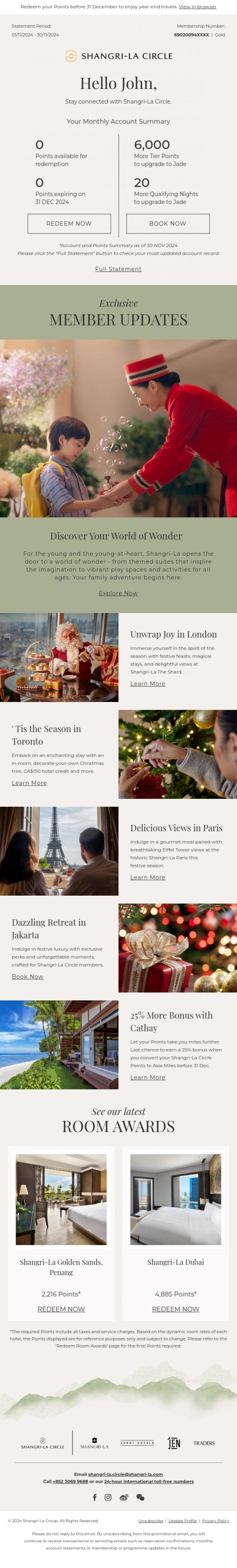 Email Design Inspiration from Shangri-La Circle, [Your Account Summary] The Season for Family Travel