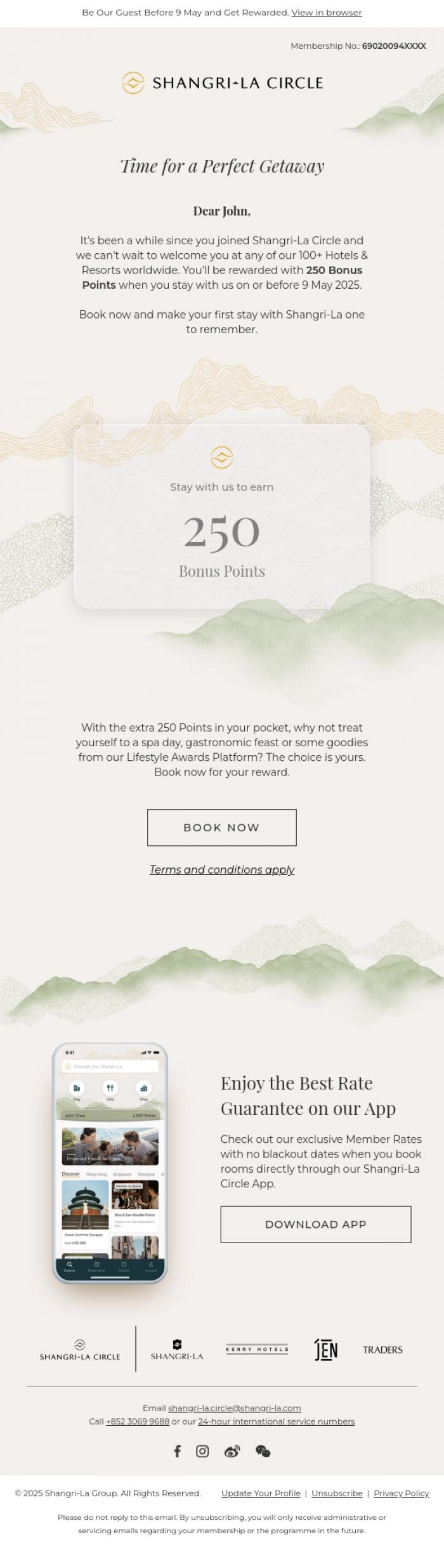 Email Design Inspiration from Shangri-La Circle, Earn 250 Bonus Points on Your First Stay with Us.