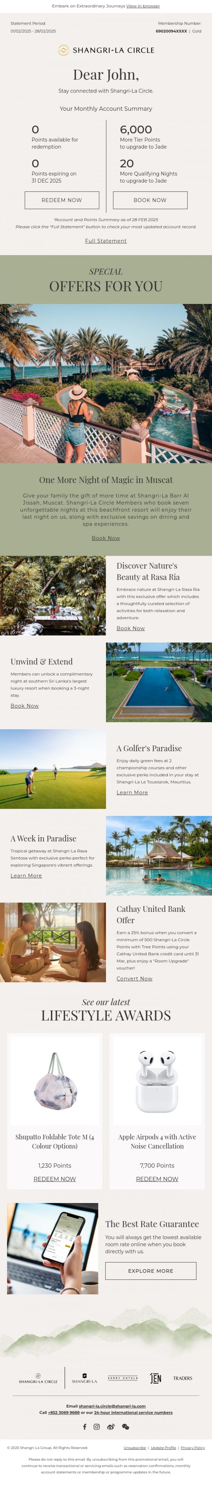 Email Design Inspiration from Shangri-La Circle, [Your Account Summary] Exclusive Offers for Relaxing Escapes