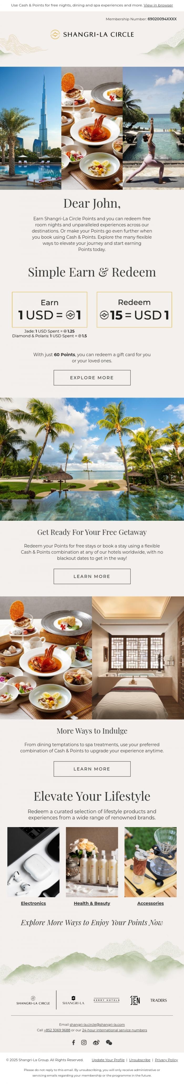 Email Design Inspiration from Shangri-La Circle, Earn Points Towards a World of Rewards, John