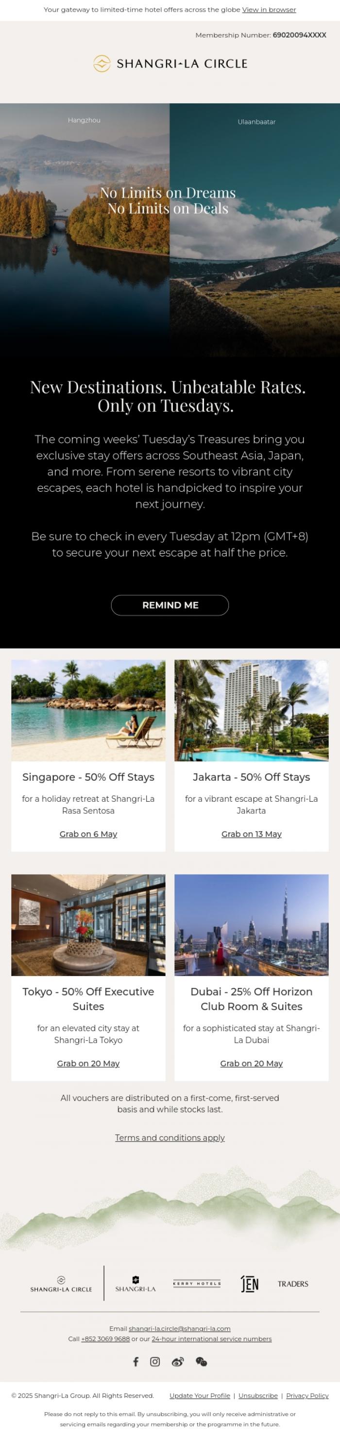 Email Design Inspiration from Shangri-La Circle, Explore Singapore, Tokyo & More with New Offers on Tuesday's Treasures