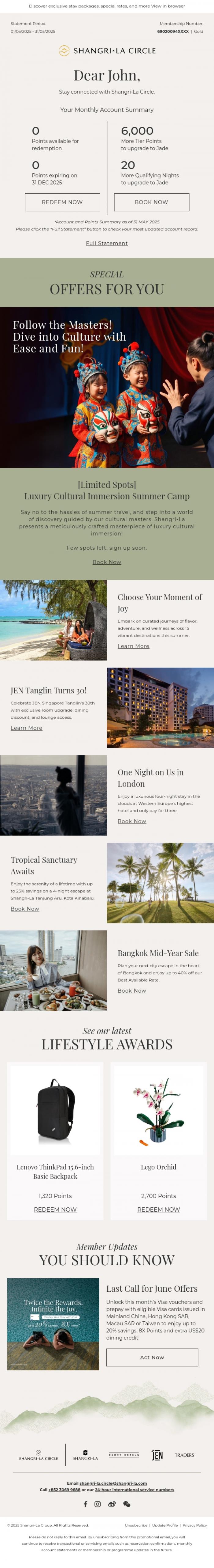 Email Design Inspiration from Shangri-La Circle, [Your Account Summary] Your Dream Family Getaway Awaits