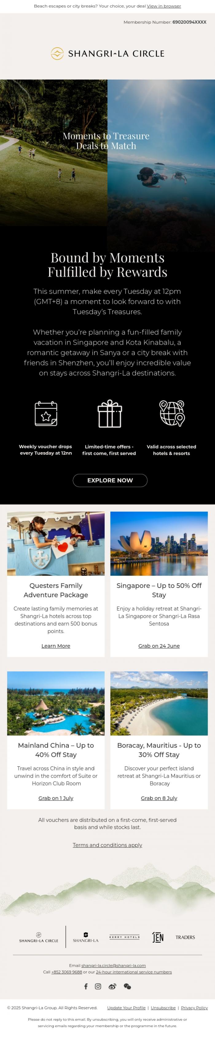Email Design Inspiration from Shangri-La Circle, New Season, New Offers - Up to 50% off on Tuesday's Treasures