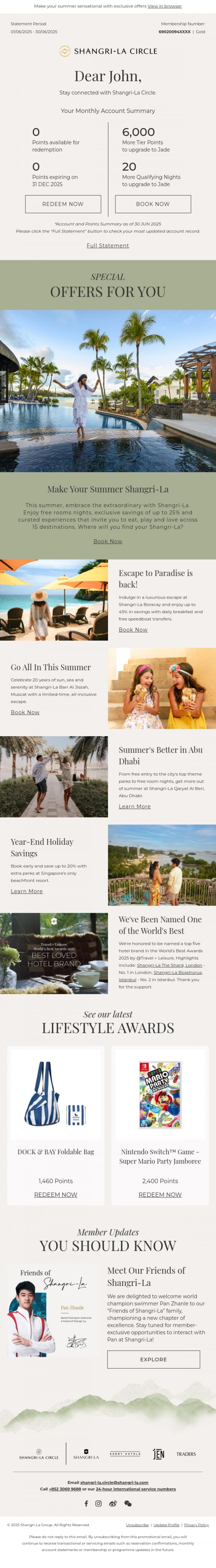 Email Design Inspiration from Shangri-La Circle, [Your Account Summary] Experience More This Summer