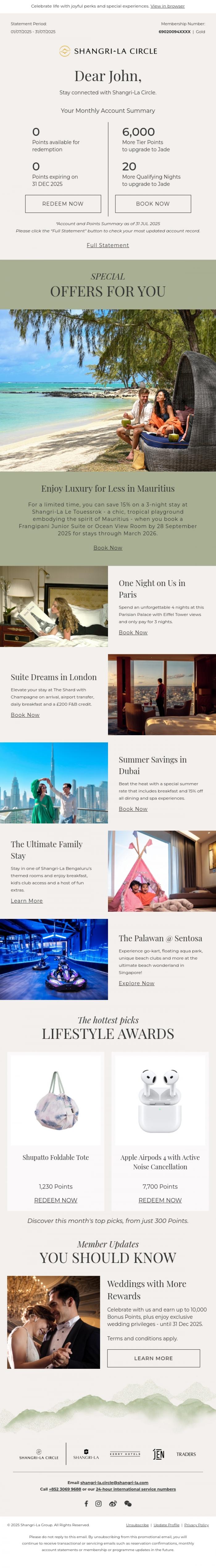 Email Design Inspiration from Shangri-La Circle, [Your Account Summary] Celebrate Summer's Joyful Moment