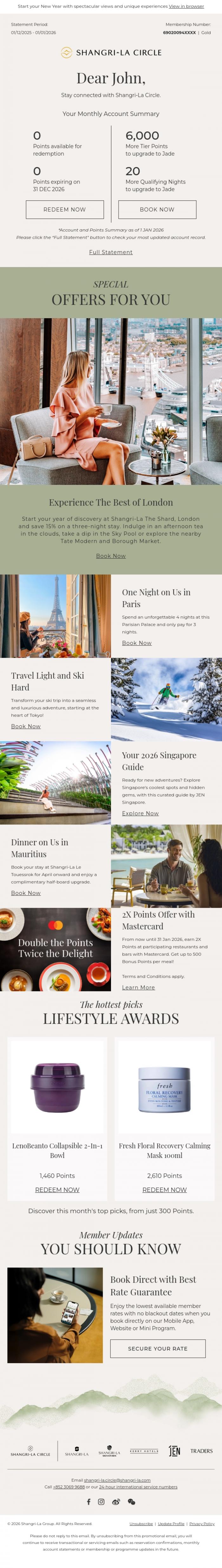 Email Design Inspiration from Shangri-La Circle, [Your Account Summary] New Year Experiences, Just For You