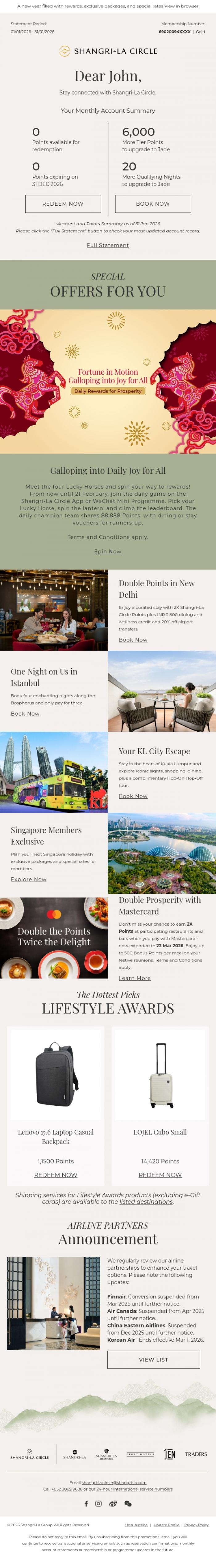 Email Design Inspiration from Shangri-La Circle, [Your Account Summary] Celebrate the Year of the Horse: Gallop into Prosperity