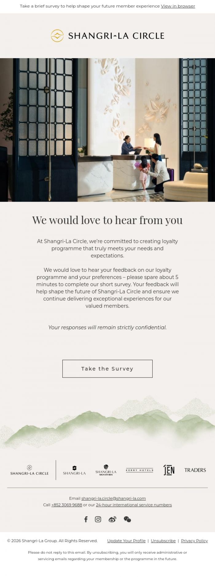 Email Design Inspiration from Shangri-La Circle, We Value Your Feedback: Help Shape Our Loyalty Programme
