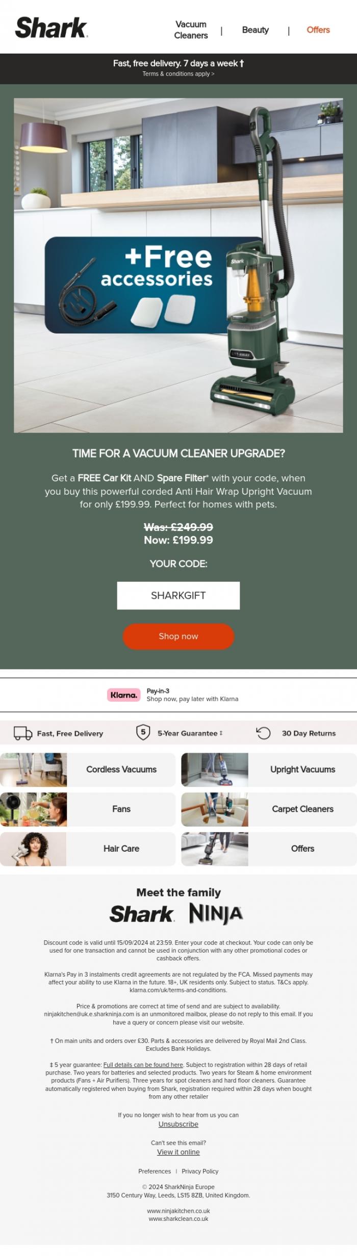 Email Design Inspiration from Shark, Voucher: FREE Car Kit & Filter with this &pound;199.99 vacuum 🎁