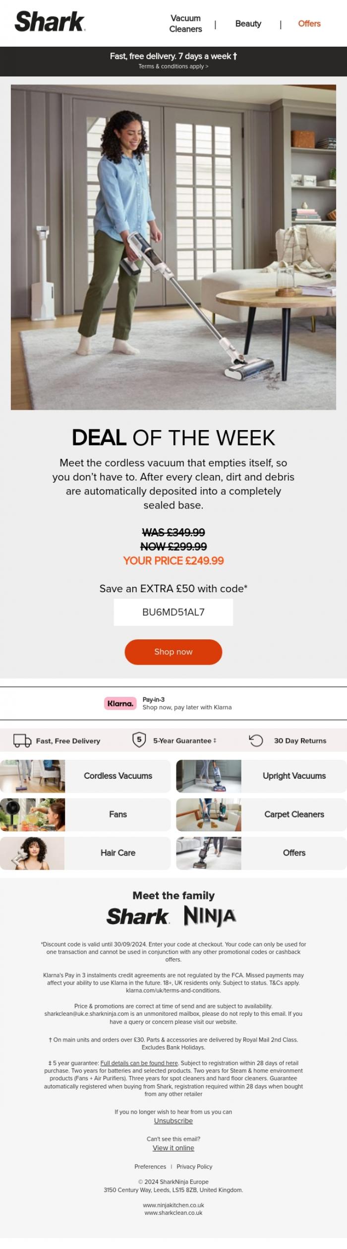 Email Design Inspiration from Shark, Save &pound;100 on the cordless vacuum that empties itself!*