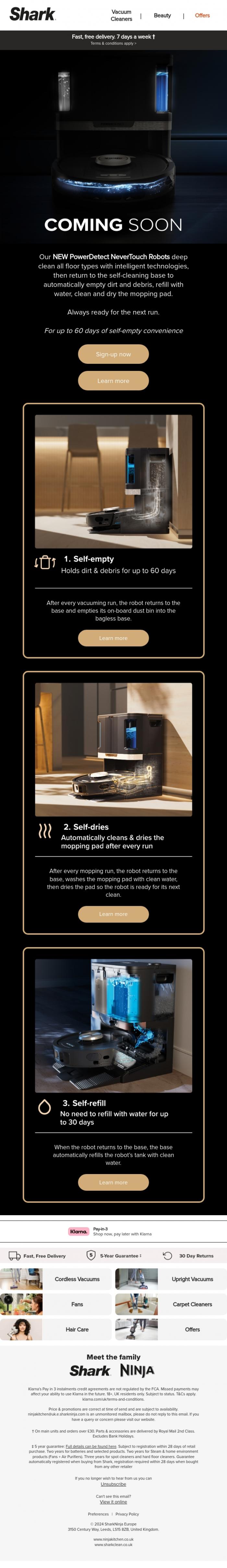 Email Design Inspiration from Shark, Coming Soon: PowerDetect NeverTouch Robot Vacuum & Mop