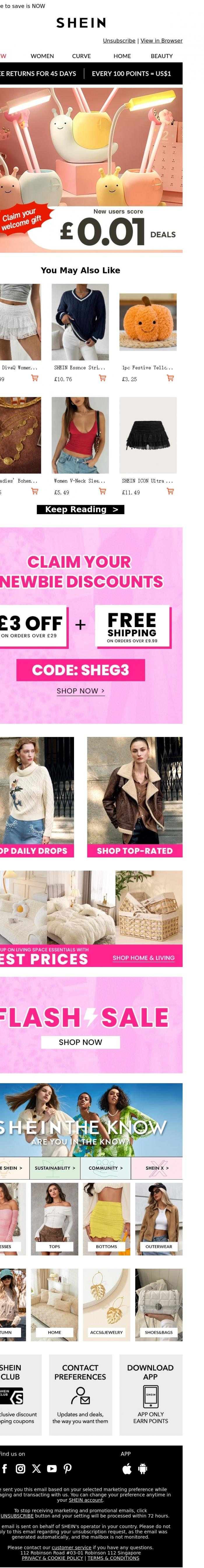 Email Design Inspiration from SHEIN, New users shop as low as &pound;0.01