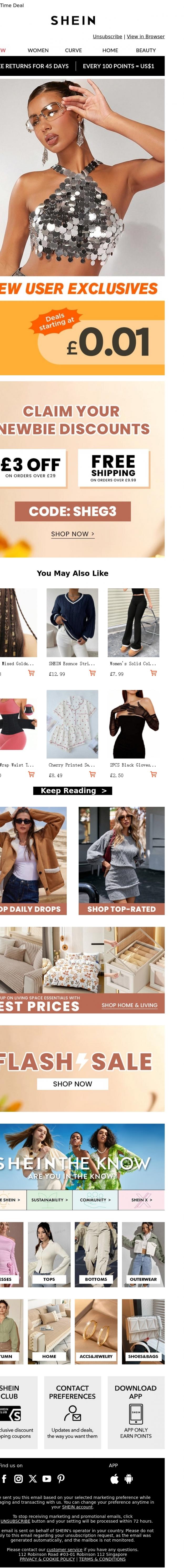 Email Design Inspiration from SHEIN, New users score &pound;0.01 deals