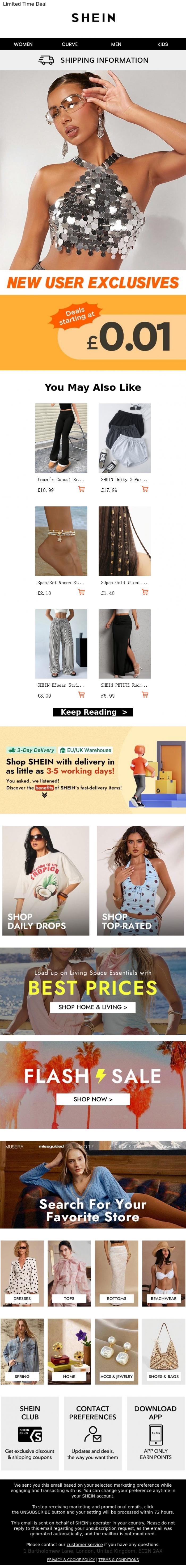 Email Design Inspiration from SHEIN, New users score &pound;0.01 deals