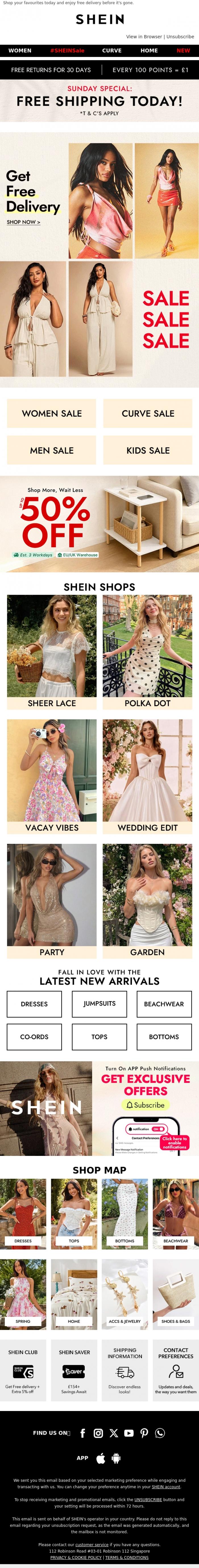 Email Design Inspiration from SHEIN, Today Only: Free Delivery Is Here 🚚