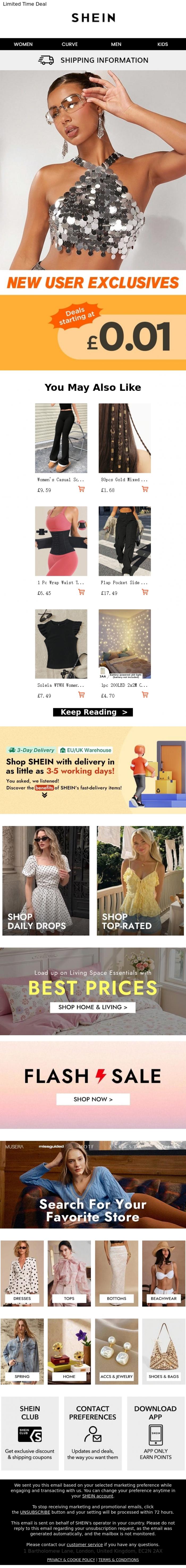 Email Design Inspiration from SHEIN, New users score &pound;0.01 deals