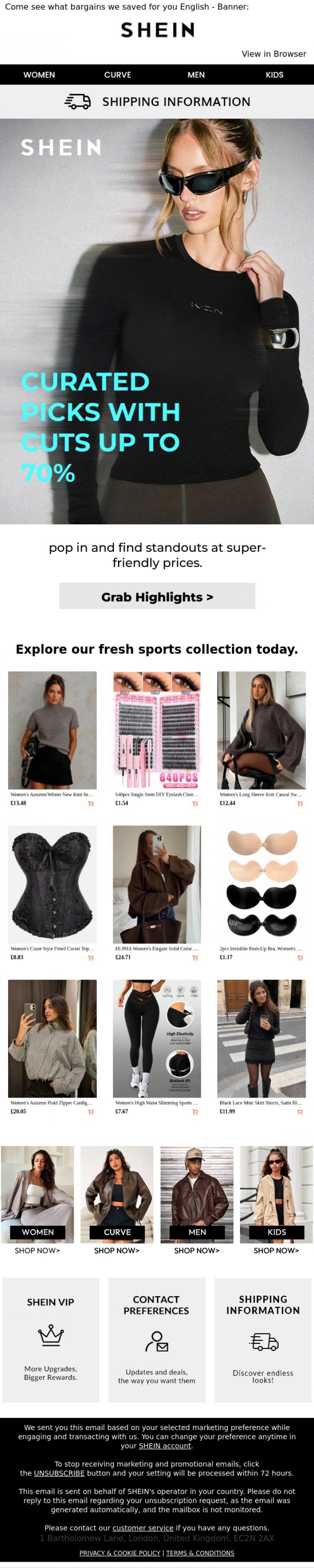 Email Design Inspiration from SHEIN, 70% Off | Big cuts up to 70% - don't miss this pick-up moment