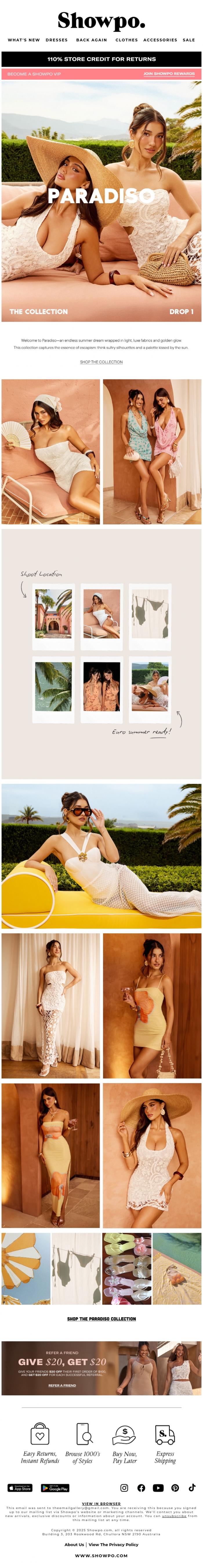 Email Design Inspiration from Showpo, Vacation Approved! Introducing Paradiso