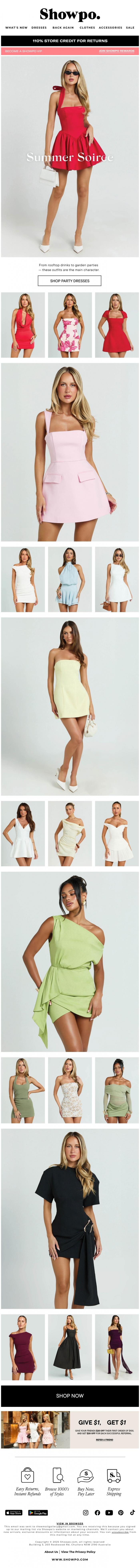 Email Design Inspiration from Showpo, The Summer Soiree Edit