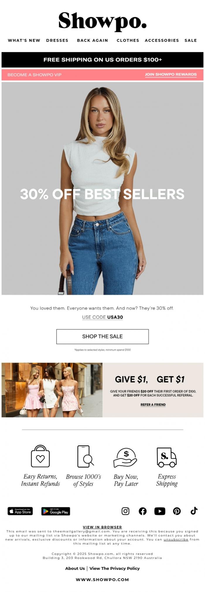 Email Design Inspiration from Showpo, 30% Off Best Sellers On Now!