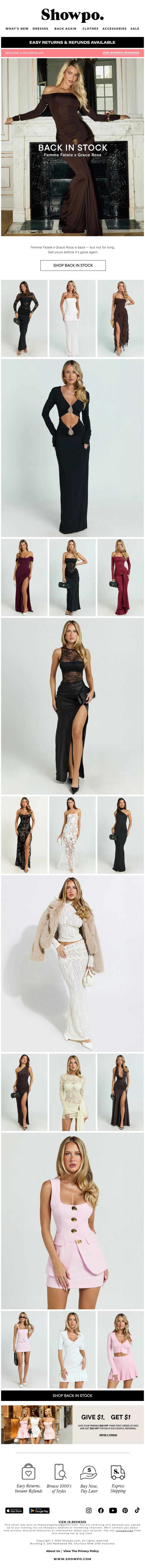 Email Design Inspiration from Showpo, Grace Rosa's Sold Out Dress Is Back