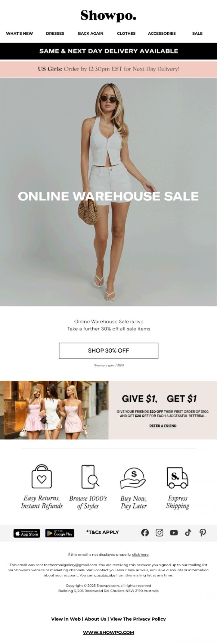 Email Design Inspiration from Showpo, PSA: Our Online Warehouse Sale Is On!