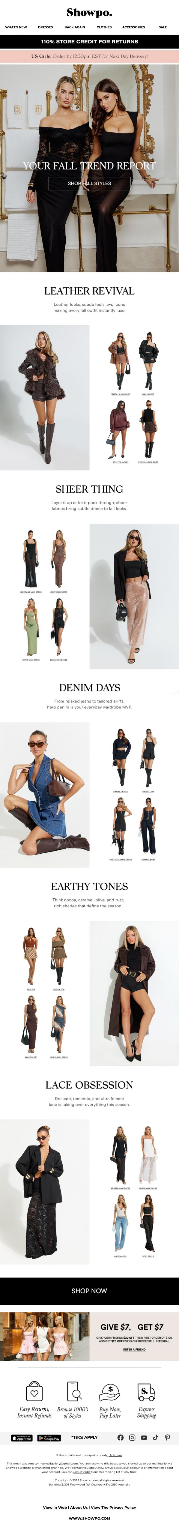 Email Design Inspiration from Showpo, Trending: Fall 2025