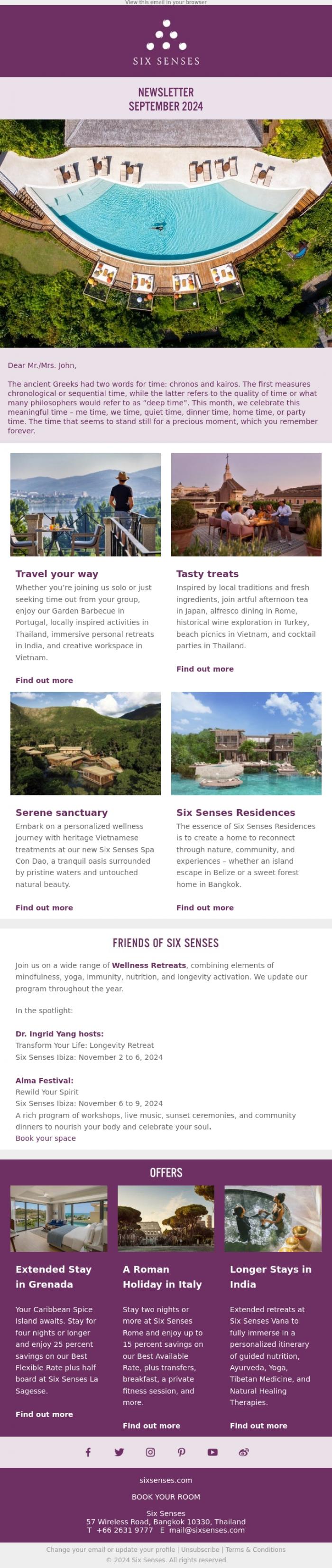 Email Design Inspiration from Six Senses, Your time, your terms