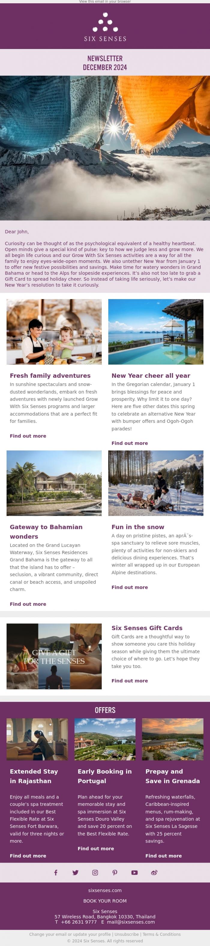 Email Design Inspiration from Six Senses, Take life curiously
