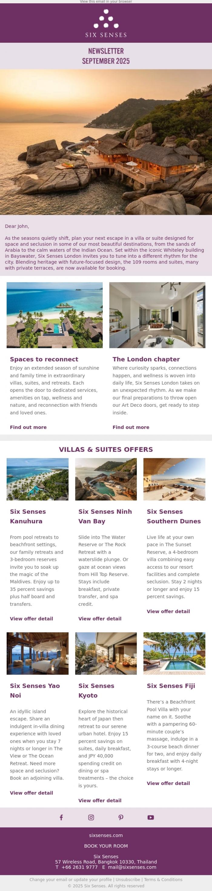 Email Design Inspiration from Six Senses, Villa escapes and London vibes