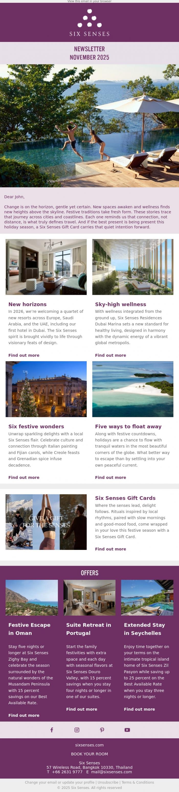 Email Design Inspiration from Six Senses, Good tidings ahead