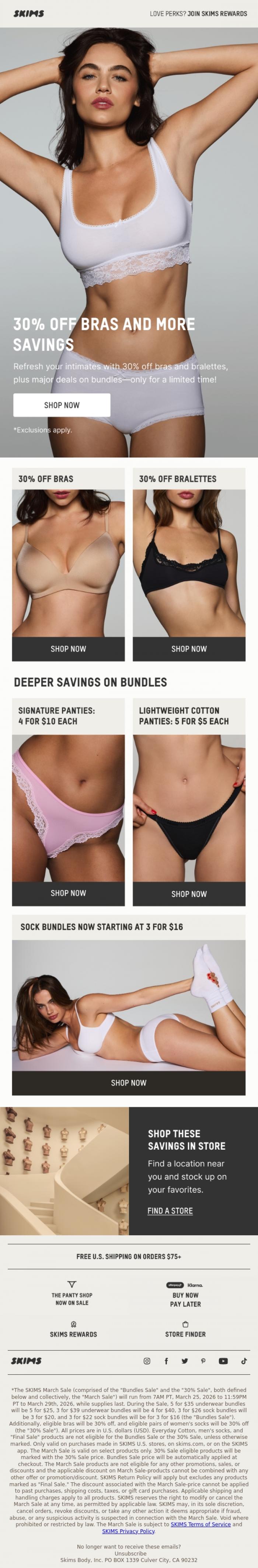 Email Design Inspiration from SKIMS, MAJOR SAVINGS ON INTIMATES