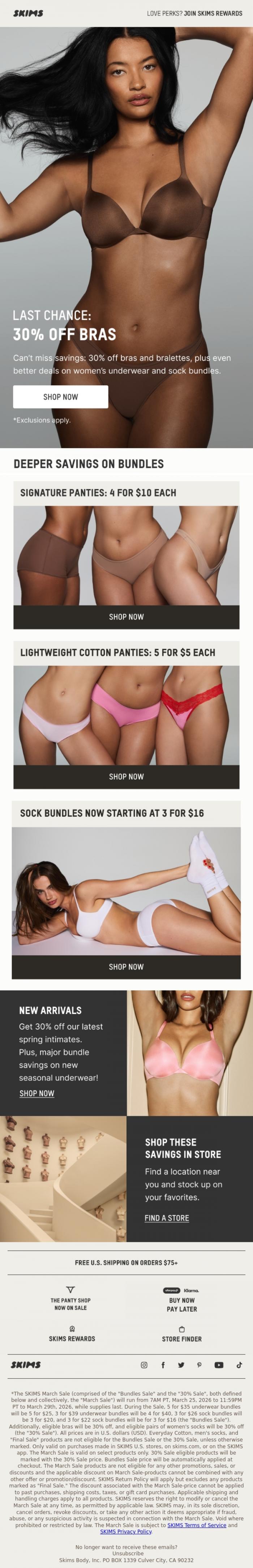 Email Design Inspiration from SKIMS, ENDS TONIGHT: 30% OFF BRAS