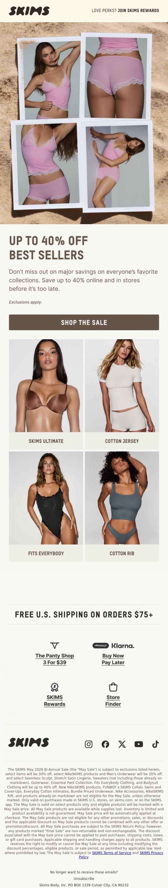 Email Design Inspiration from SKIMS, UP TO 40% OFF BEST SELLERS