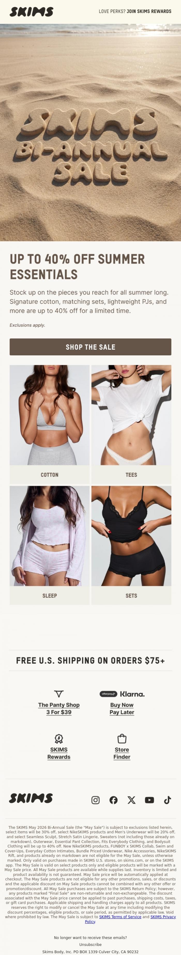 Email Design Inspiration from SKIMS, UP TO 40% OFF SUMMER ESSENTIALS