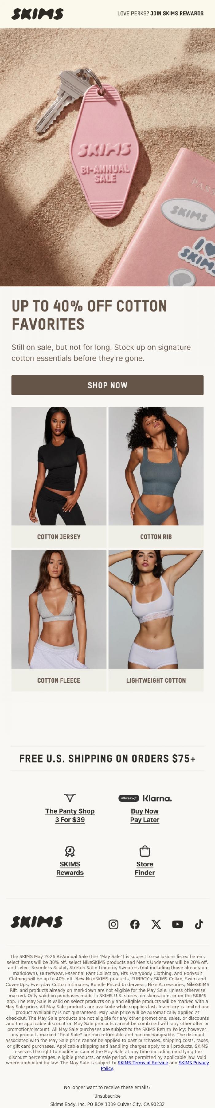 Email Design Inspiration from SKIMS, UP TO 40% OFF COTTON FAVORITES