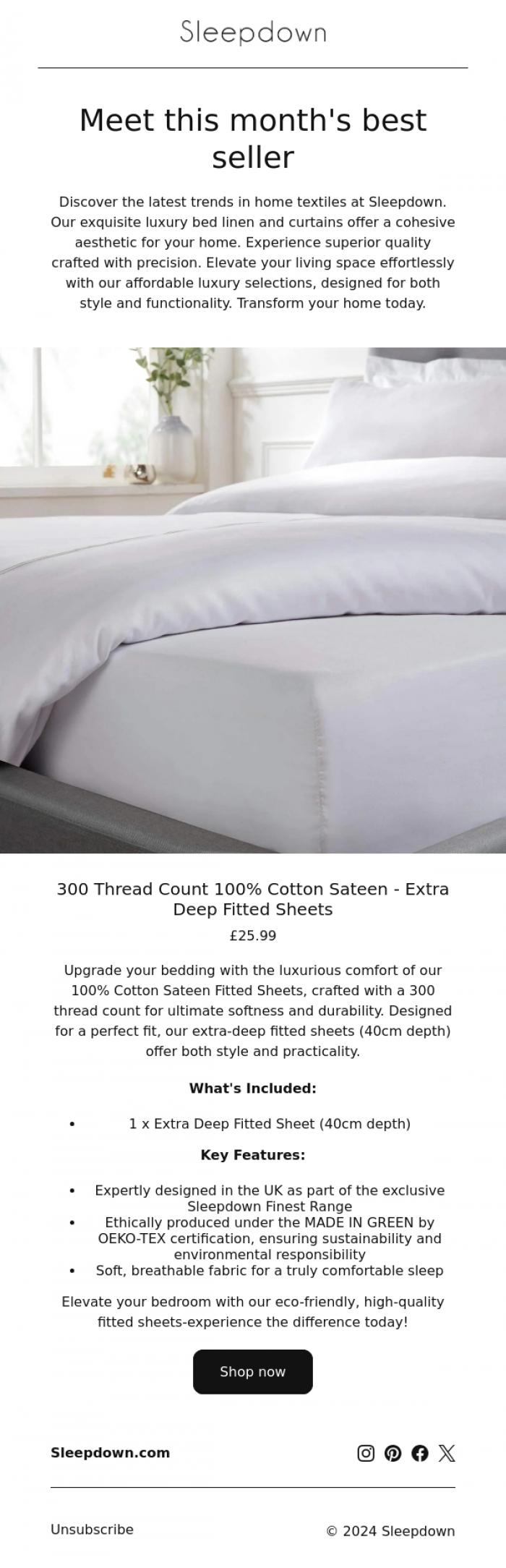 Email Design Inspiration from Sleepdown, Elevate your wellbeing with 300 thread count luxury