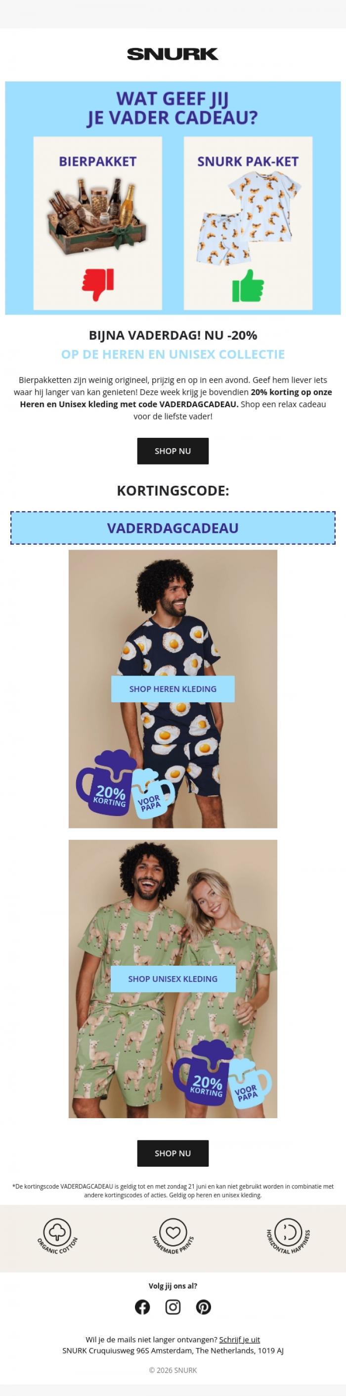 Email Design Inspiration from SNURK, Reminder! Vaderdag Actie: -20% KORTING