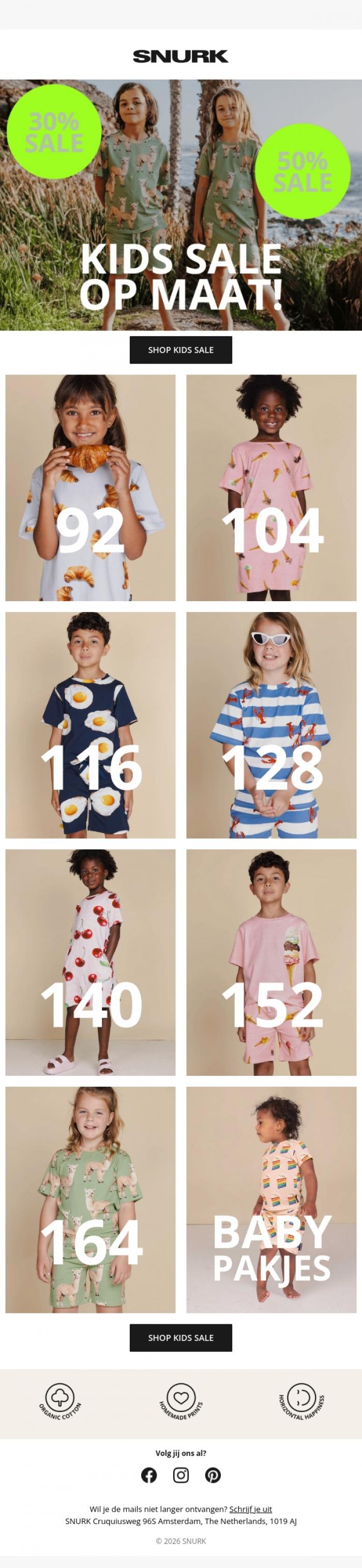 Email Design Inspiration from SNURK, SHOP KIDS SALE OP MAAT