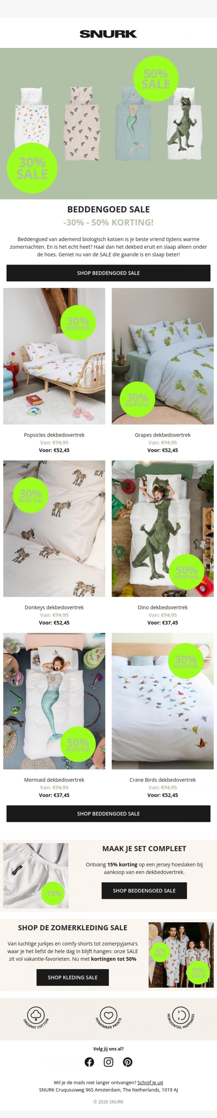 Email Design Inspiration from SNURK, SALE: Zwoele zomernachten vragen om ademend beddengoed