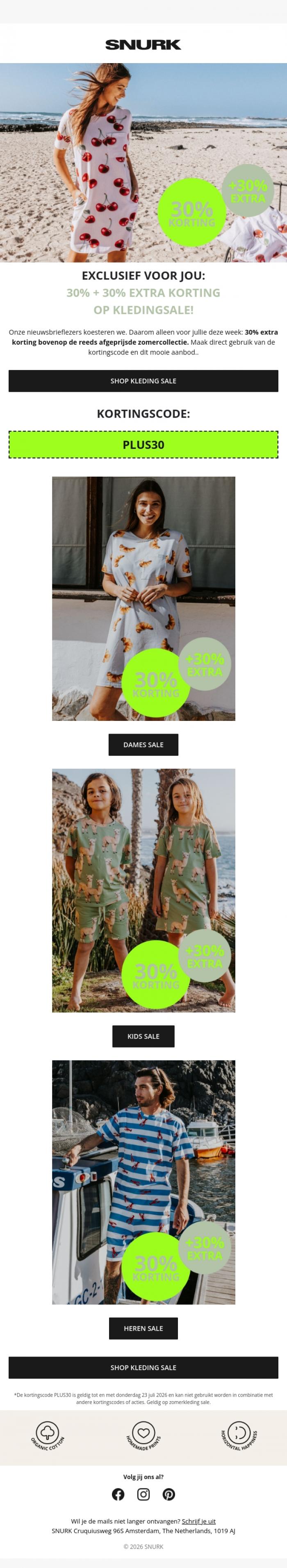 Email Design Inspiration from SNURK, 🚨 NU 30% EXTRA KORTING bovenop de SALE!