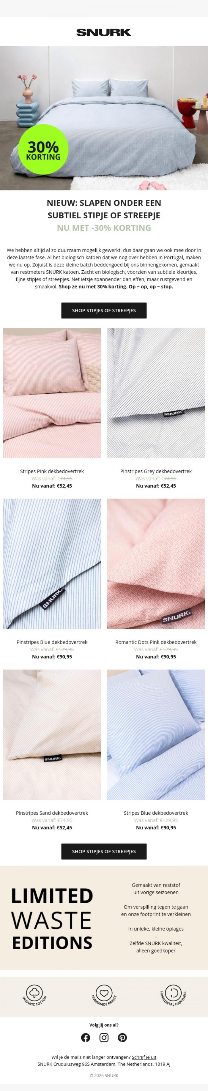 Email Design Inspiration from SNURK, NET BINNEN: Limited Waste Edition Beddengoed