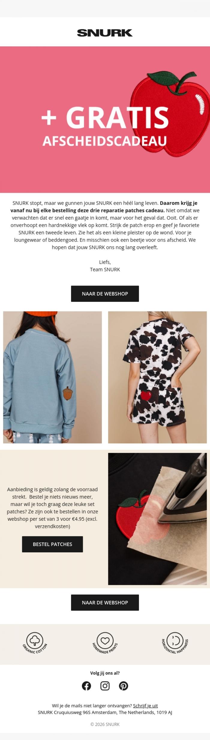 Email Design Inspiration from SNURK, 🍎 GRATIS reparatie patches bij je bestelling!