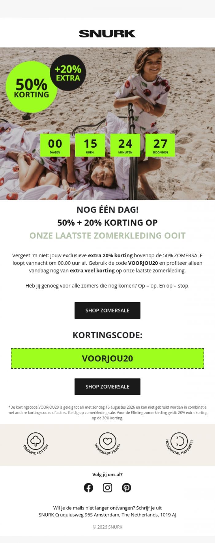 Email Design Inspiration from SNURK, ⏳ 50% + 20% EXTRA KORTING eindigt vannacht!