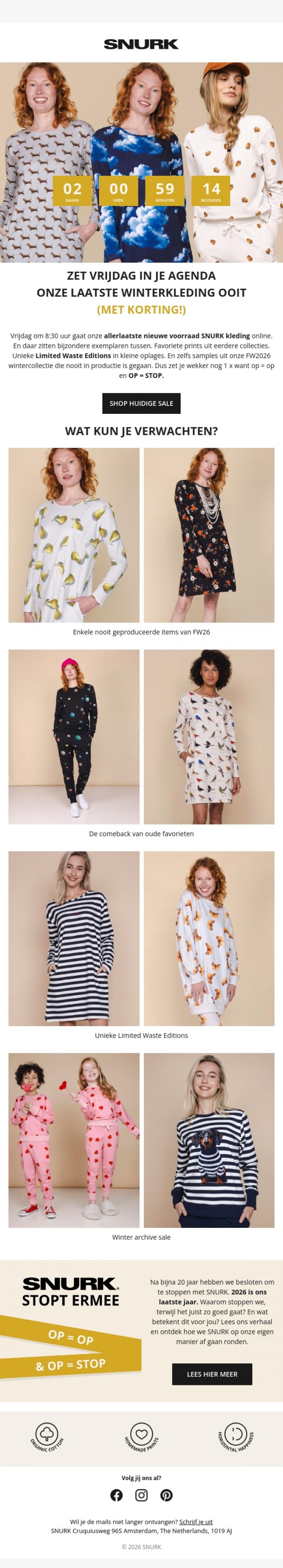 Email Design Inspiration from SNURK, 🚨 Vrijdag: onze laatste NIEUWE KLEDING live!