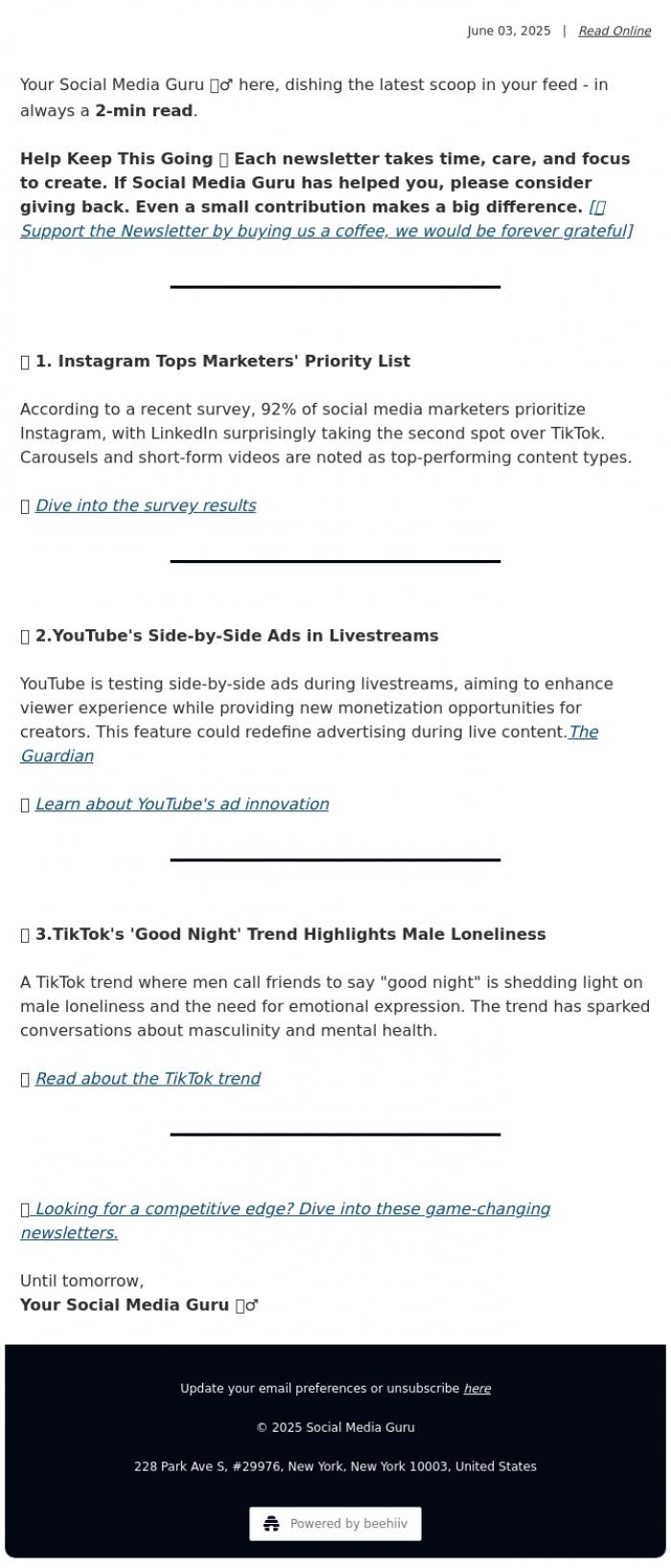 Email Design Inspiration from Social Media Guru, 📊 Social Media Survey Insights, YouTube's Ad Innovations, & TikTok's Emotional Trend