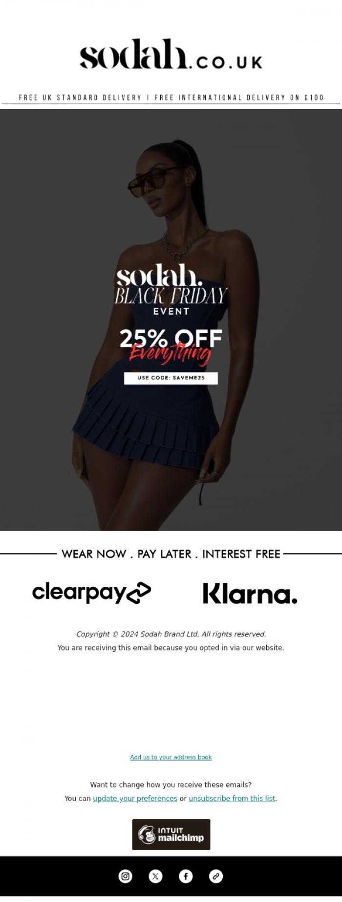Email Design Inspiration from Sodah Brand, 🖤 Black Friday Event | 25% Off Everything!