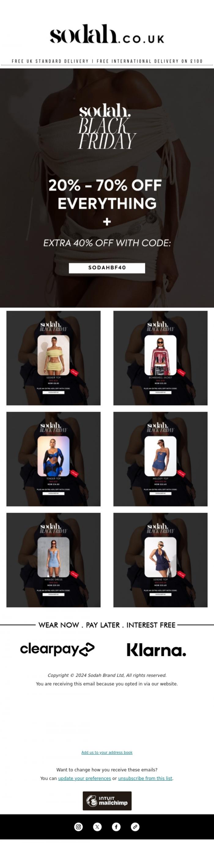 Email Design Inspiration from Sodah Brand, Black Friday!! | Extra 20% - 70% Off Everything