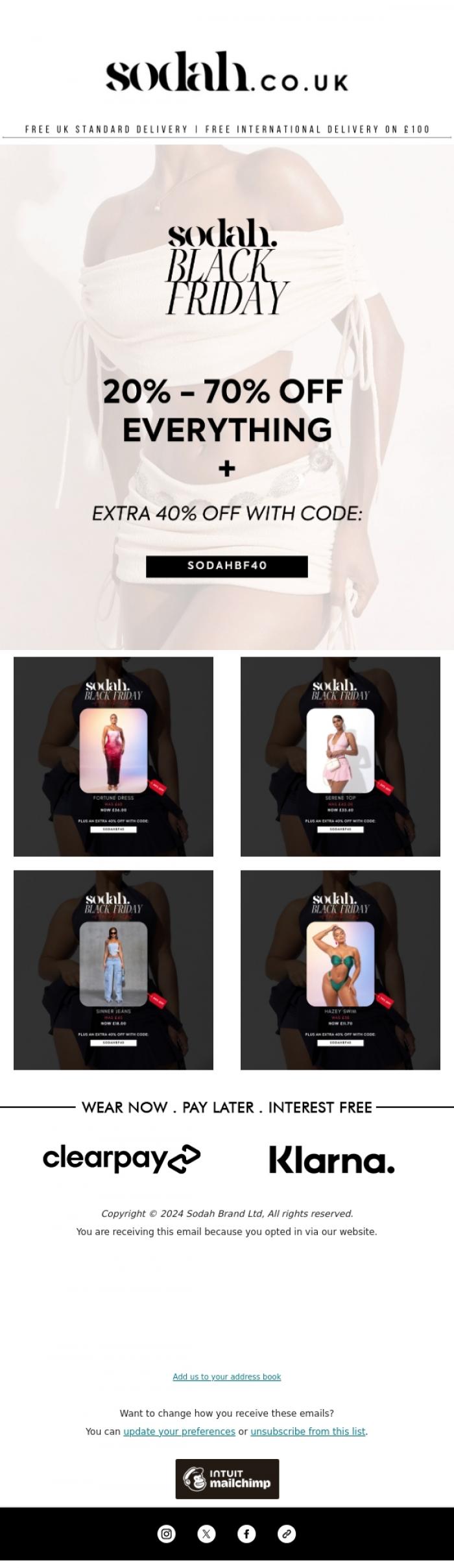 Email Design Inspiration from Sodah Brand, 3 HOURS Left ⏰ Black Friday!! | 40% Off Everything