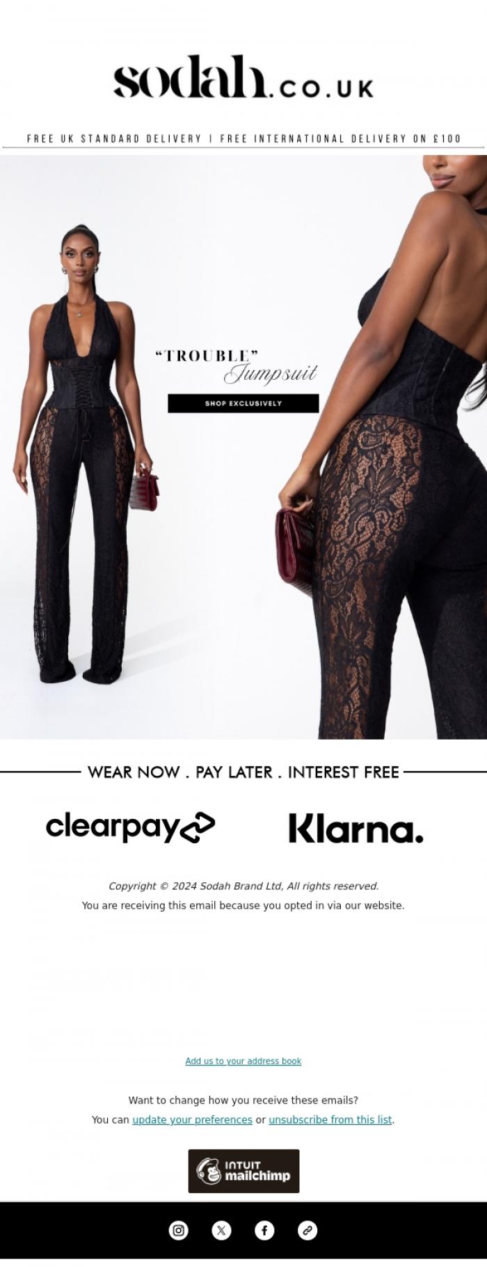 Email Design Inspiration from Sodah Brand, New In | "TROUBLE" Jumpsuit